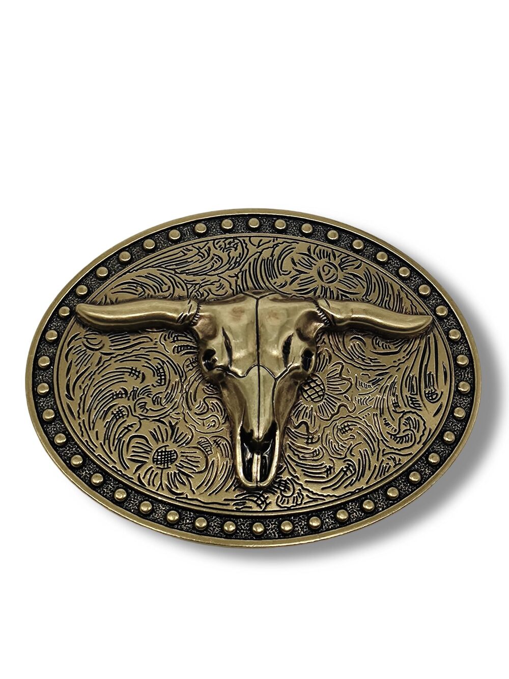 6906 Western Longhorn Skull Belt Buckle 1.71"42mm Floral Pattern Oval